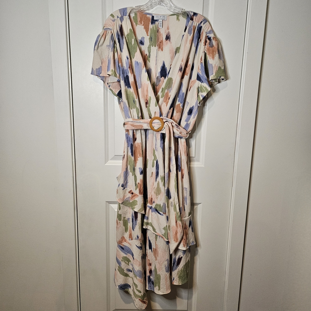 Sofia Vergara Watercolor Wrap Dress XXXL Tiered Ruffle Belted Midi Flowy - Picture 2 of 11